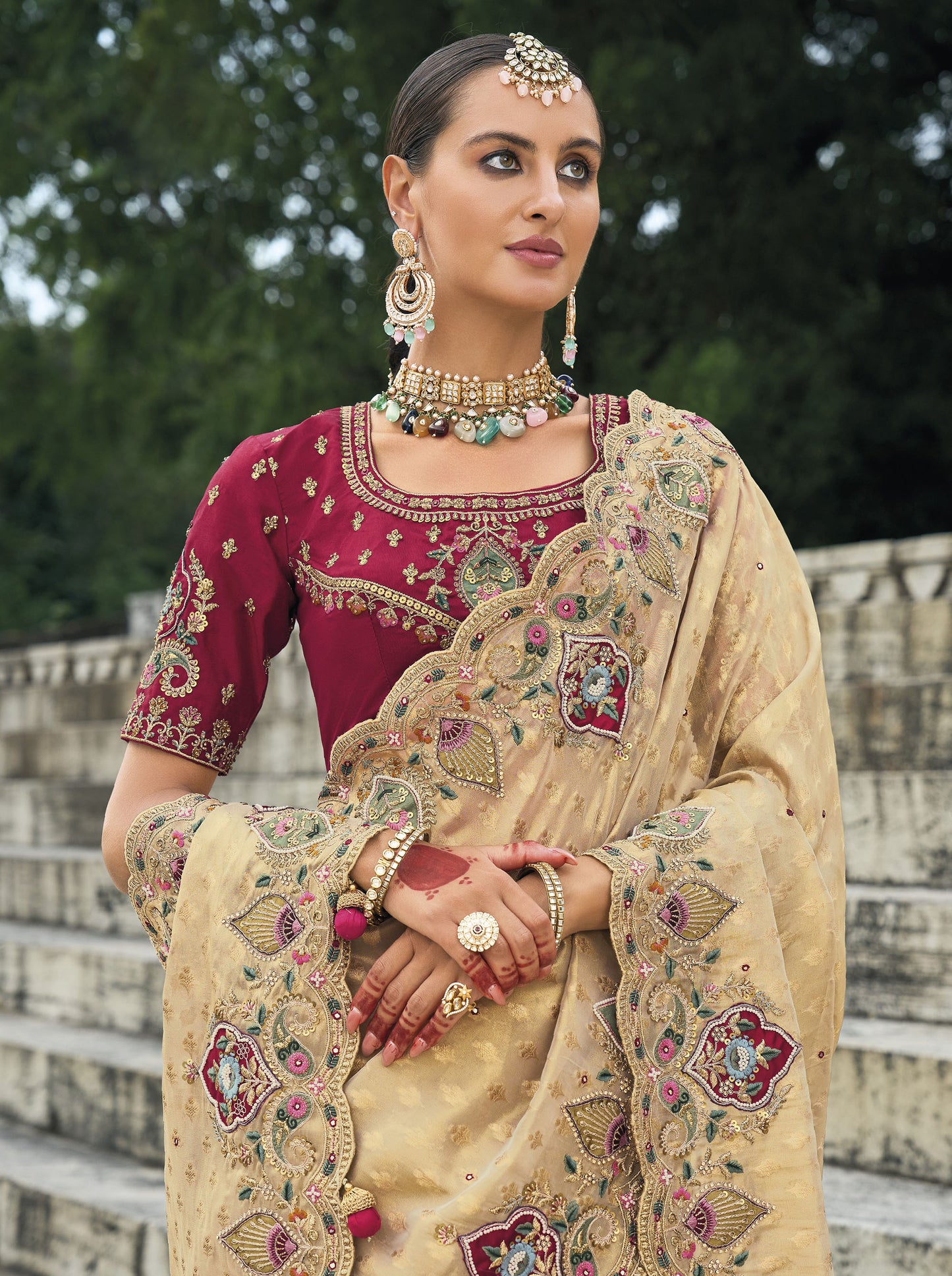 Beige Kanjivaram Butti Zari Embroidery Festive Saree