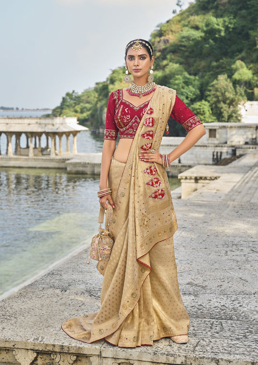 Beige Kanjivaram Silk Zardozi Embroidery Festive Saree