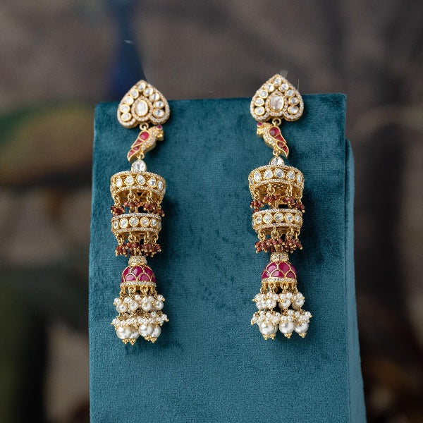 Gold and White Bird and Jhumkis Motifs Silver Earrings-VQ/SS23/EG-9