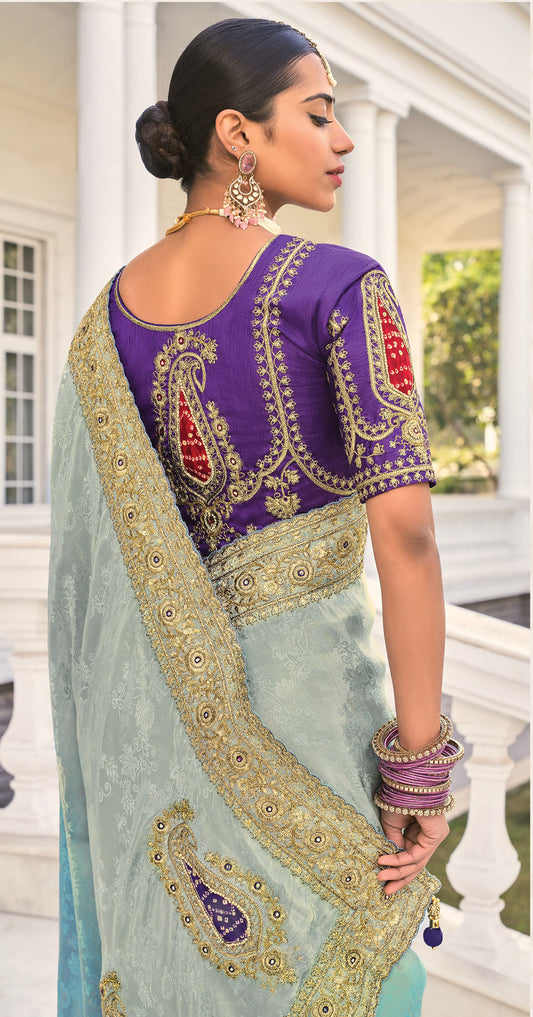 Grey and Blue Crepe Jacquard Zari Embroidery Saree