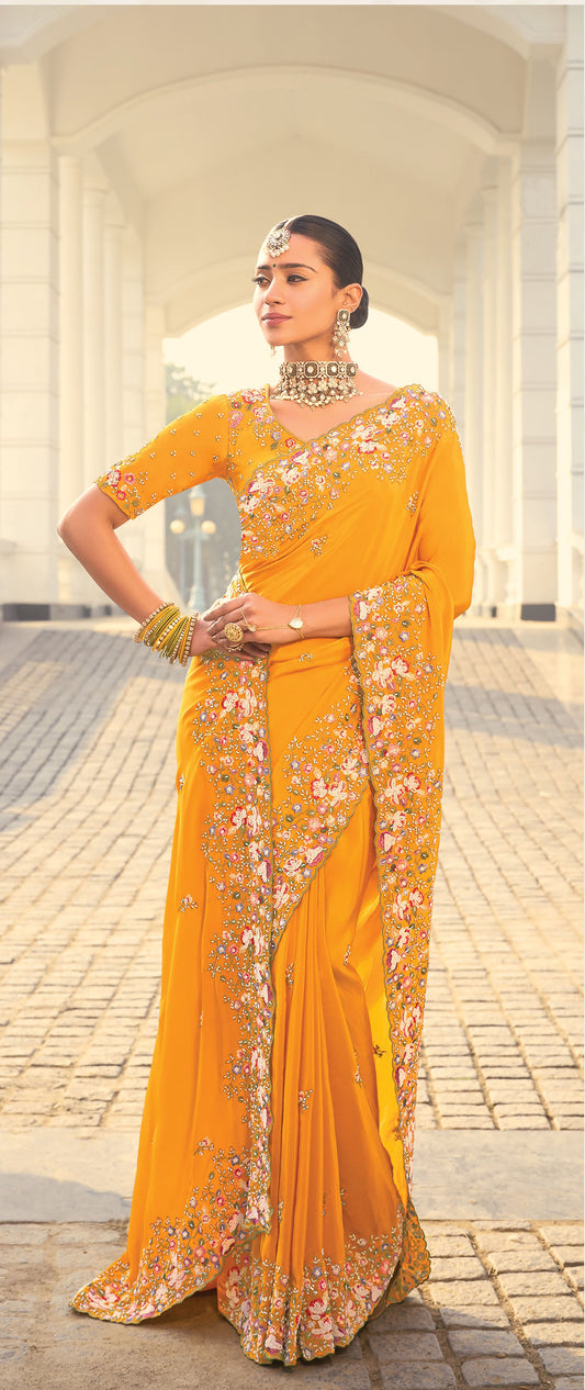 Mustard Crepe Jacquard Zarkan Embroidery Haldi Saree