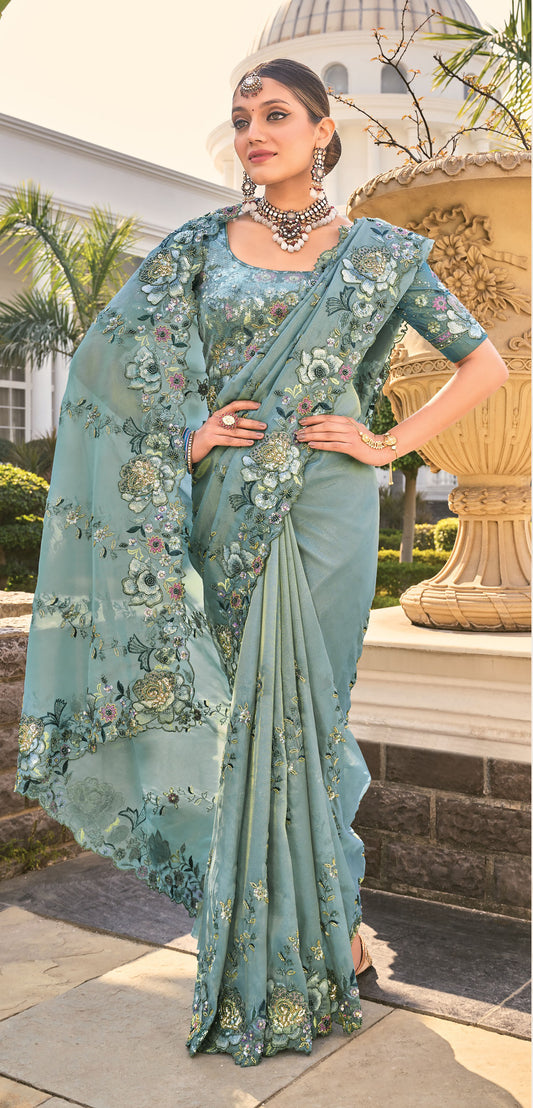 Sea Green Organza Cutdana Work Party Wear Saree