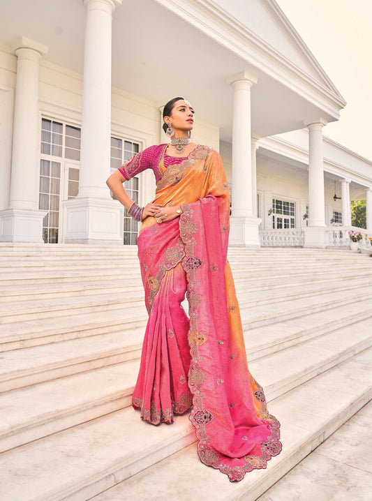 Orange and Pink Crepe Jacquard Zarkan Embroidery Party Wear Saree