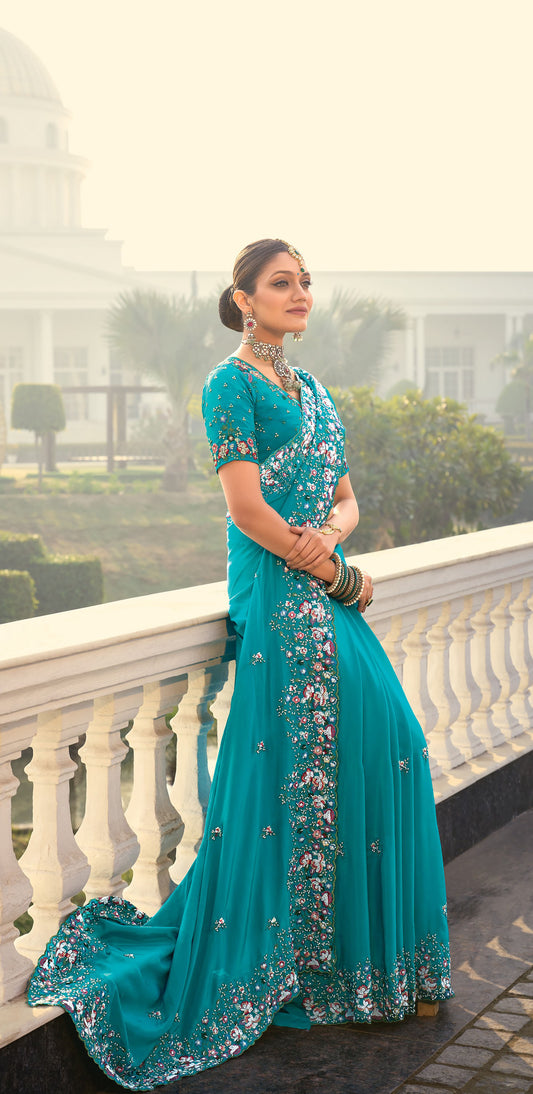 Firozi Blue Crepe Zarkan Embroidery Saree