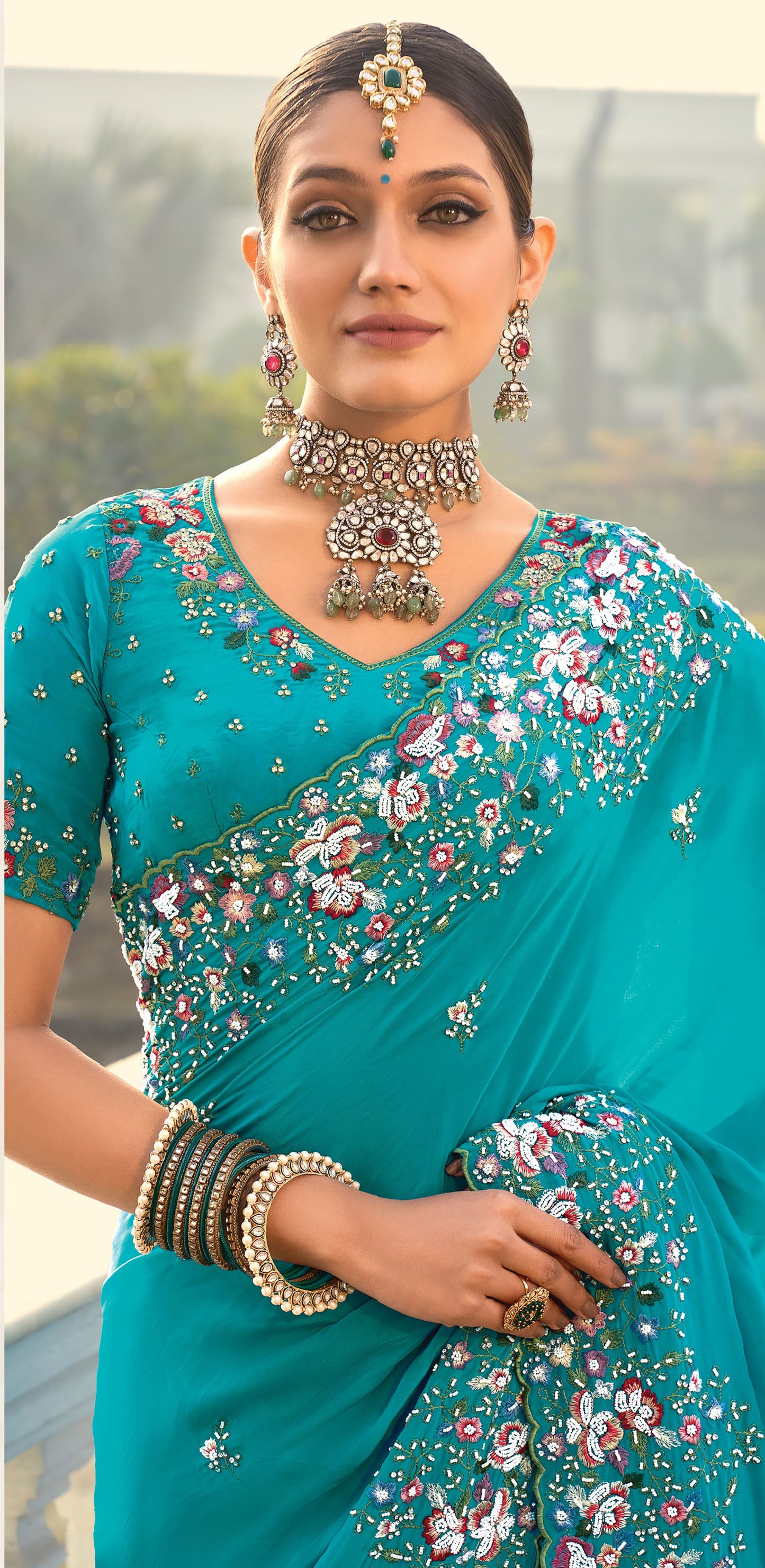 Firozi Blue Crepe Zarkan Embroidery Saree