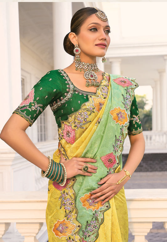 Lime Yellow and Green Crepe Jacquard Cutdana Work Saree