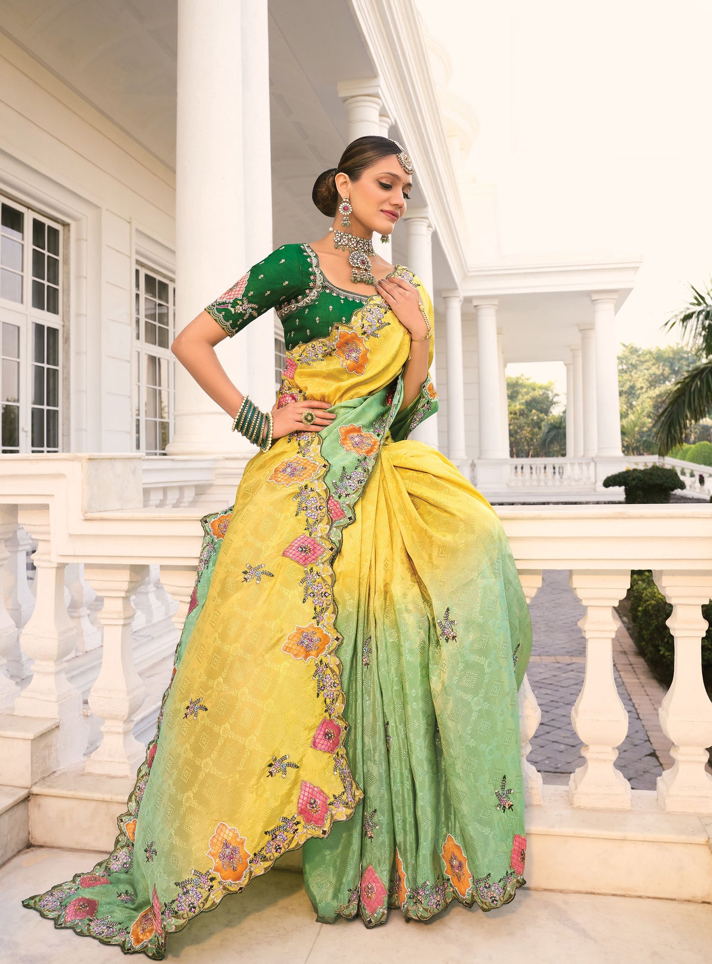 Lime Yellow and Green Crepe Jacquard Cutdana Work Saree