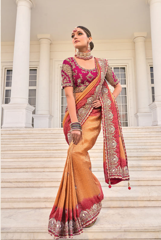 Peach Crepe Jacquard Zarkan Embroidery Festive Saree
