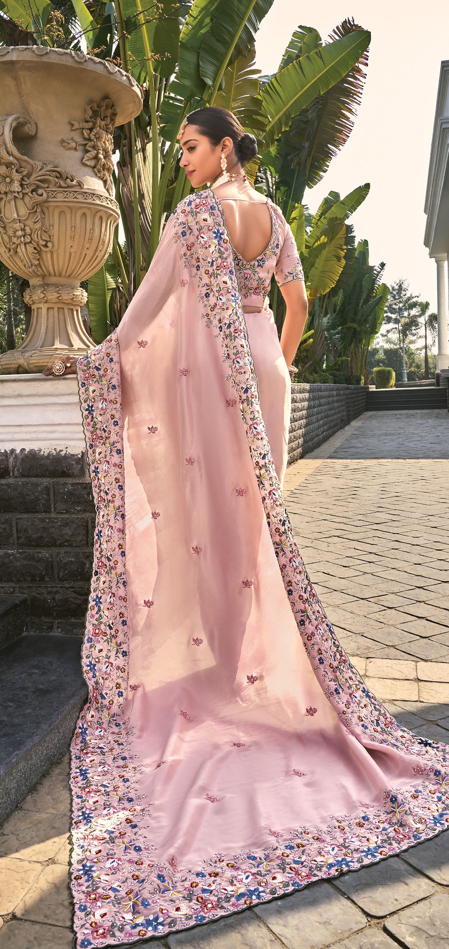 Pink Banarasi Silk Zarkan Embroidery Party Wear Saree