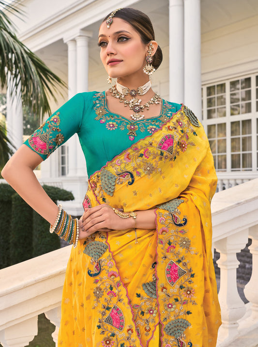 Yellow Crepe Jacquard Cutdana Work Haldi Saree