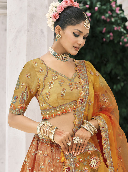 Rust Orange Silk Heavy Mirror & Sequins Embroidered Bridal Lehenga