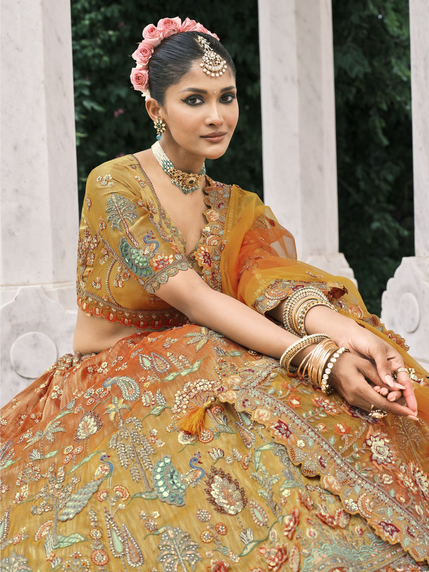 Rust Orange Silk Heavy Mirror & Sequins Embroidered Bridal Lehenga