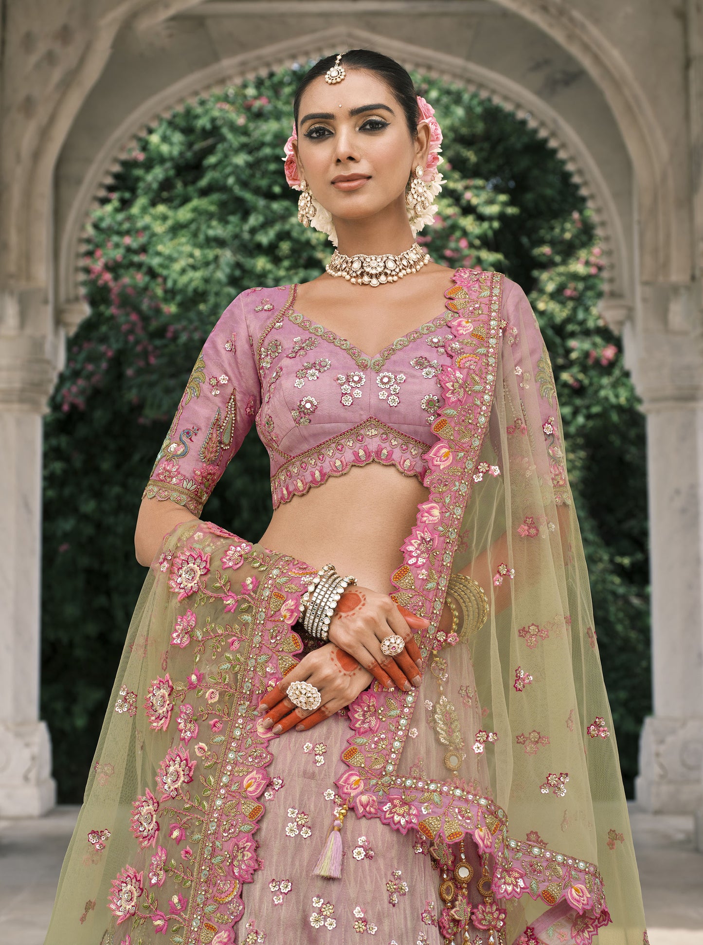 Pink and Beige Silk Heavy Mirror & Sequins Embroidered Bridal Lehenga