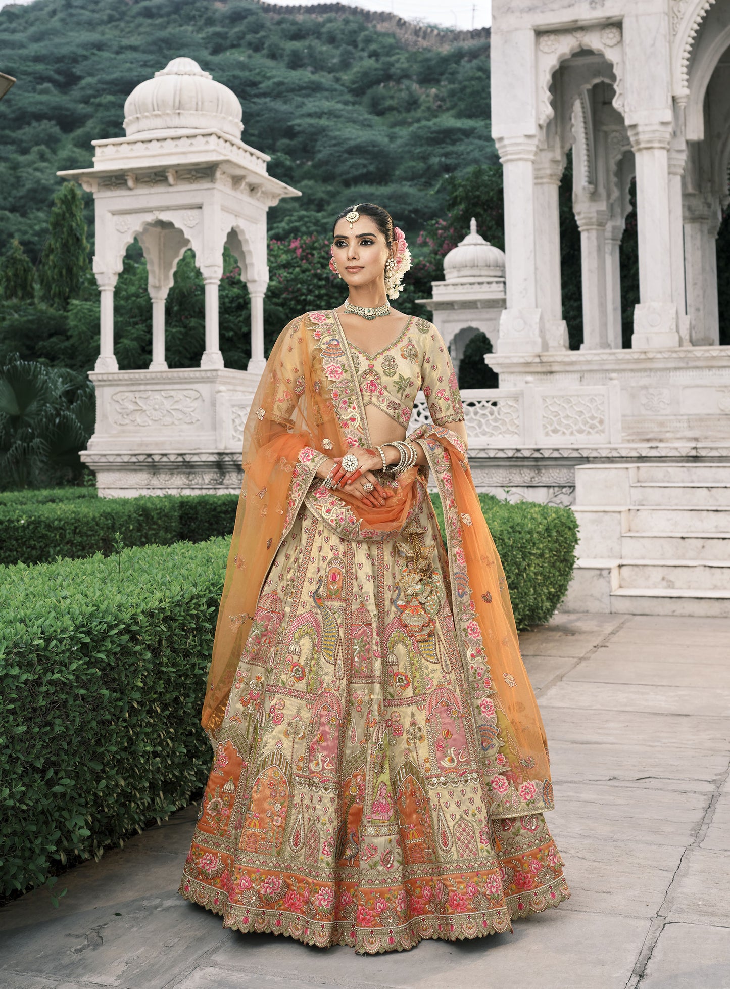 Beige and Orange Silk Heavy Mirror & Sequins Embroidered Bridal Lehenga