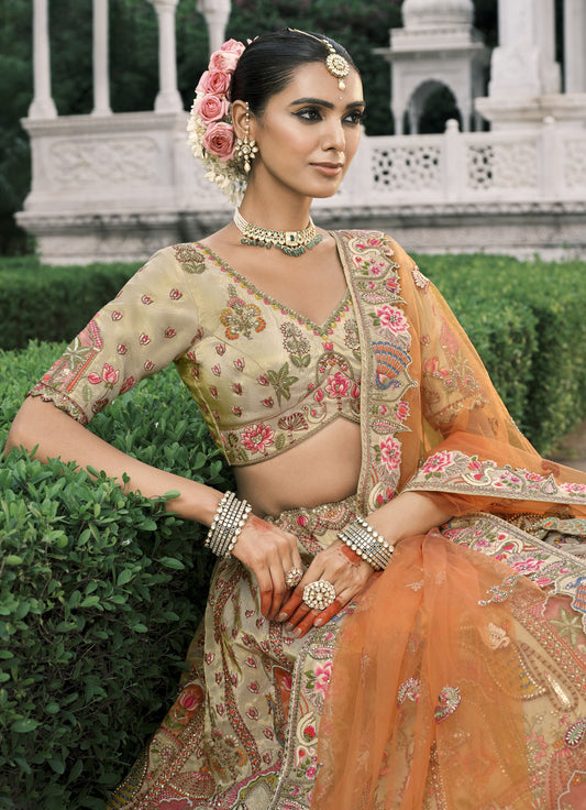 Beige and Orange Silk Heavy Mirror & Sequins Embroidered Bridal Lehenga