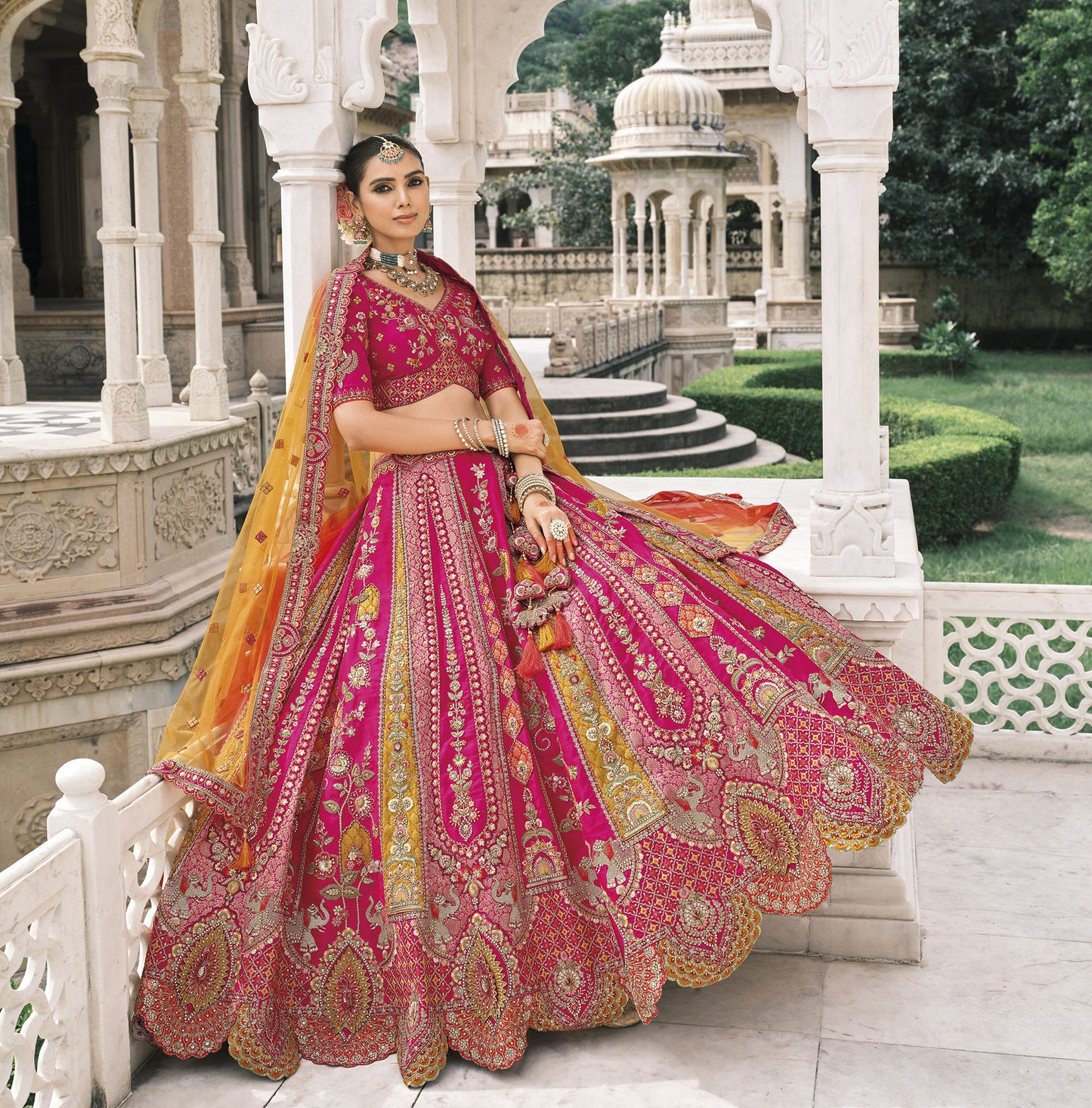 Pink and Orange Silk Heavy Mirror & Sequins Embroidered Bridal Lehenga