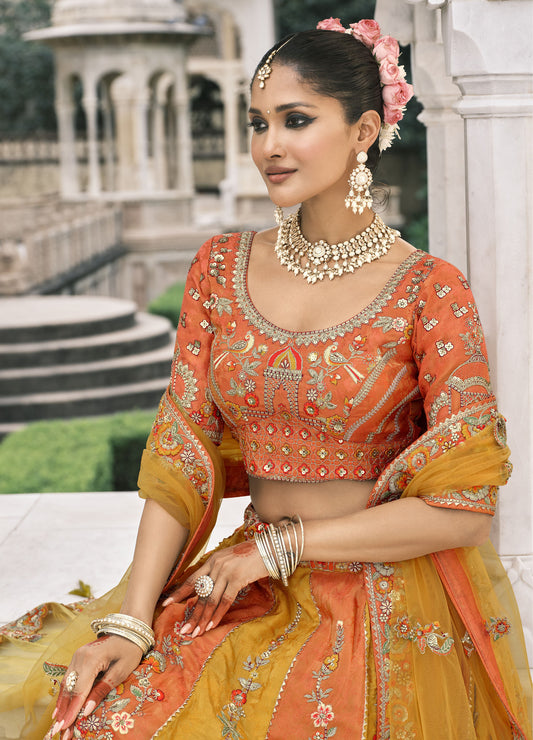 Yellow and Orange Silk Heavy Mirror & Sequins Embroidered Bridal Lehenga