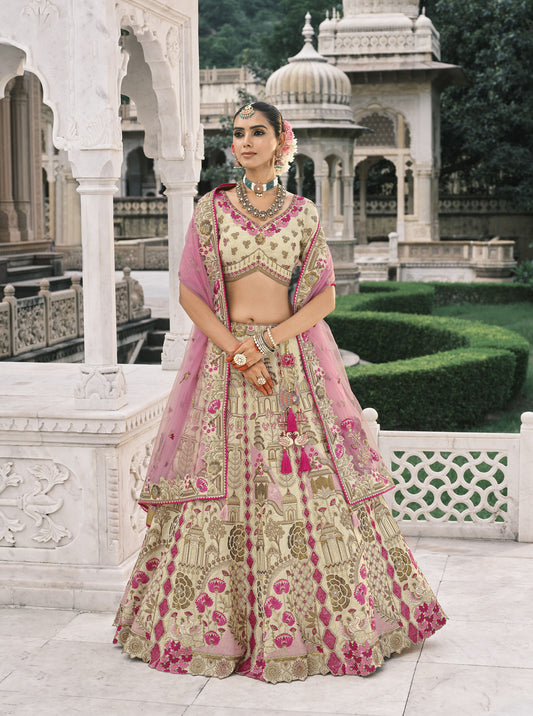 Cream and Pink Silk Heavy Mirror & Sequins Embroidered Bridal Lehenga