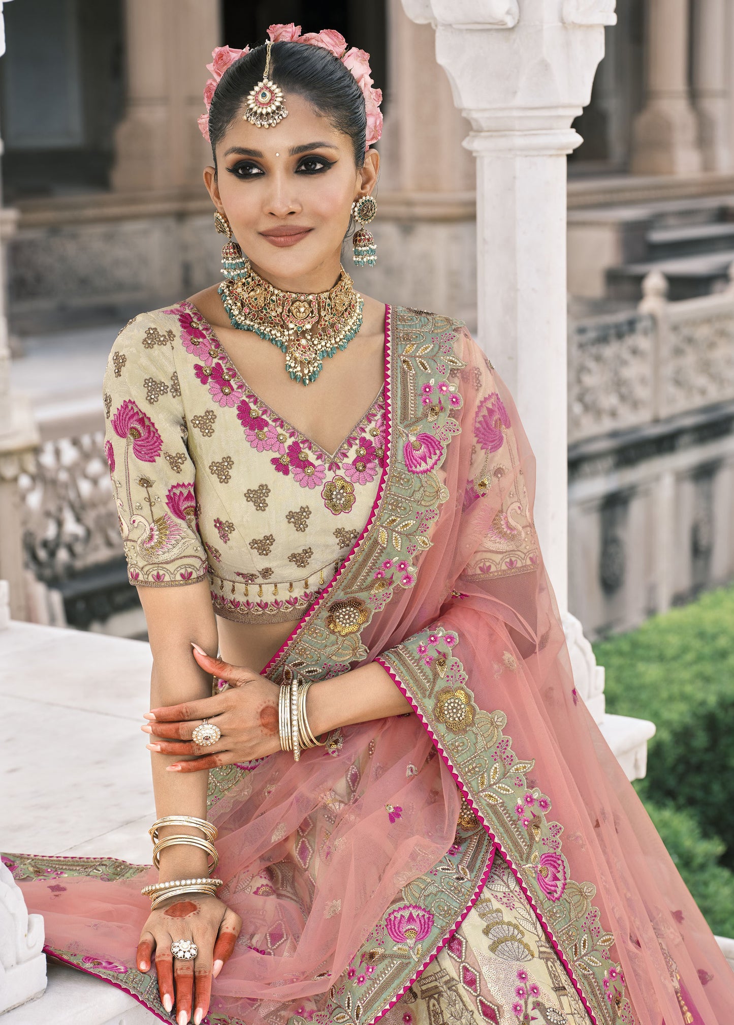 Cream and Peach Silk Heavy Mirror & Sequins Embroidered Bridal Lehenga