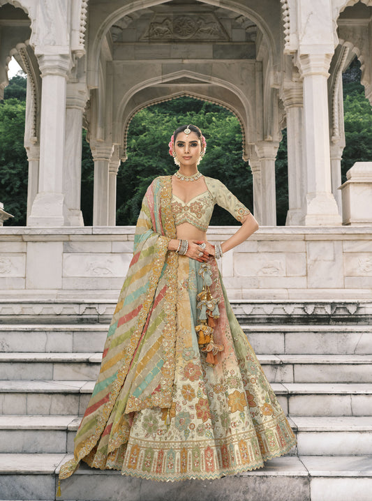 Multi Color Silk Heavy Mirror & Sequins Embroidered Bridal Lehenga