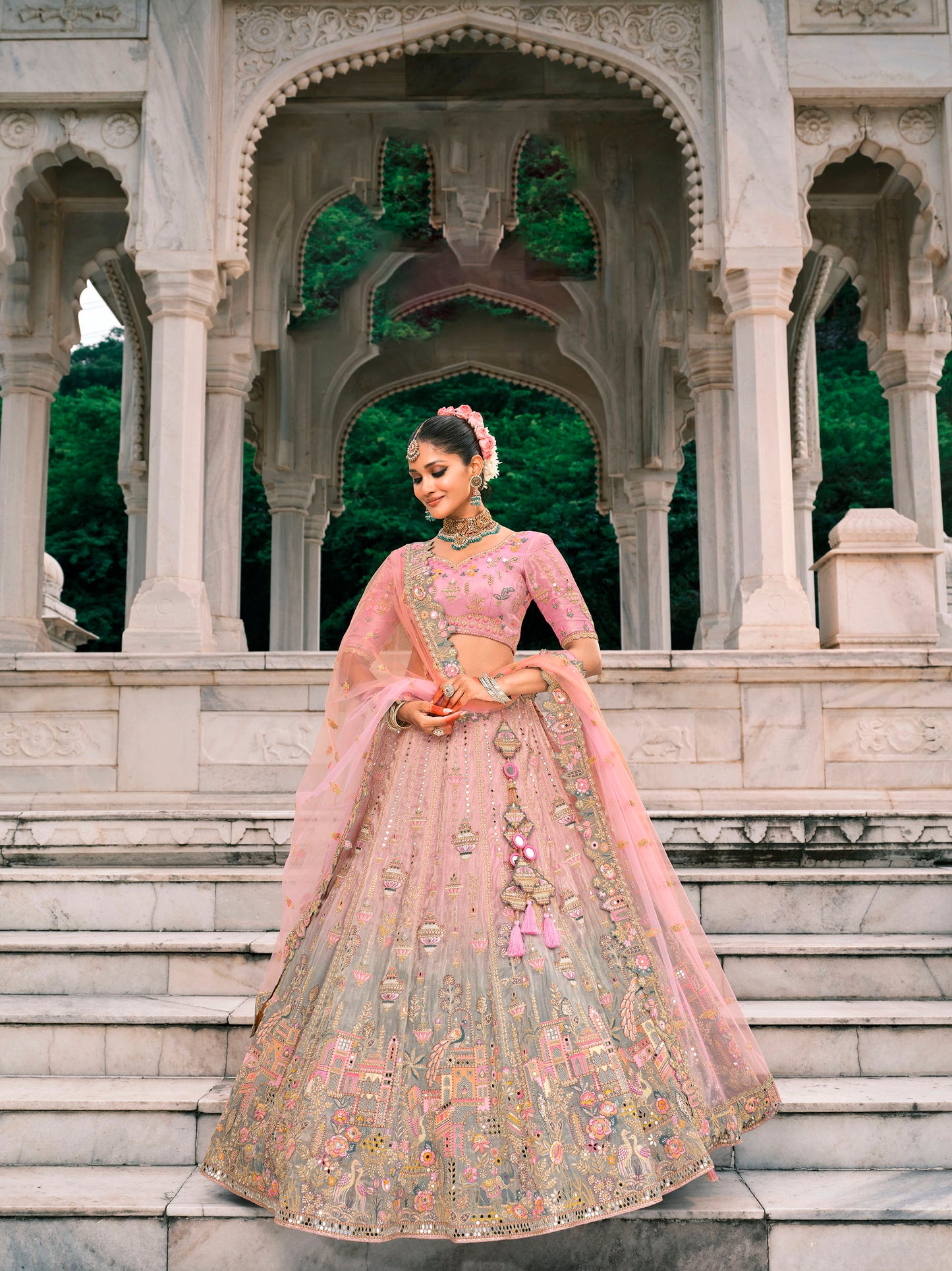 Dusty Pink Silk Heavy Mirror & Sequins Embroidered Bridal Lehenga