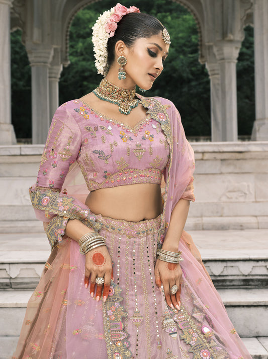Dusty Pink Silk Heavy Mirror & Sequins Embroidered Bridal Lehenga
