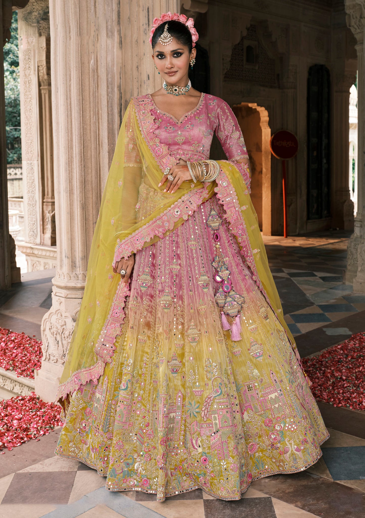 Mauve and Yellow Silk Heavy Mirror & Sequins Embroidered Bridal Lehenga