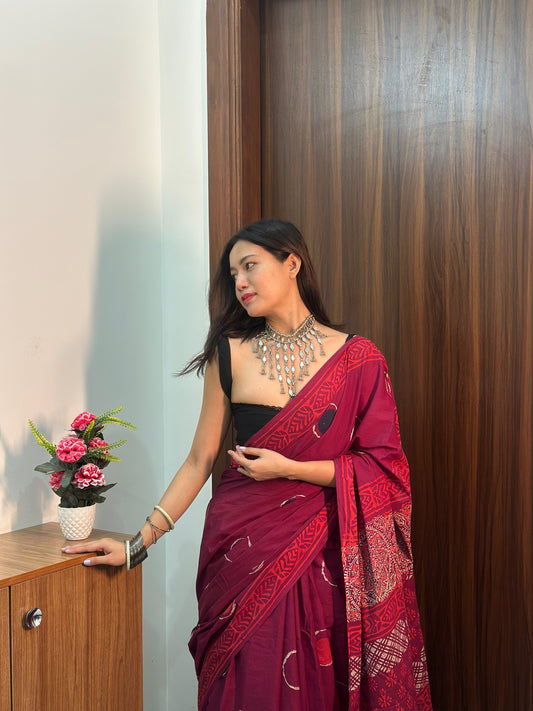 Bubble Pop Maroon & Purple Handblock Printed Cotton Saree