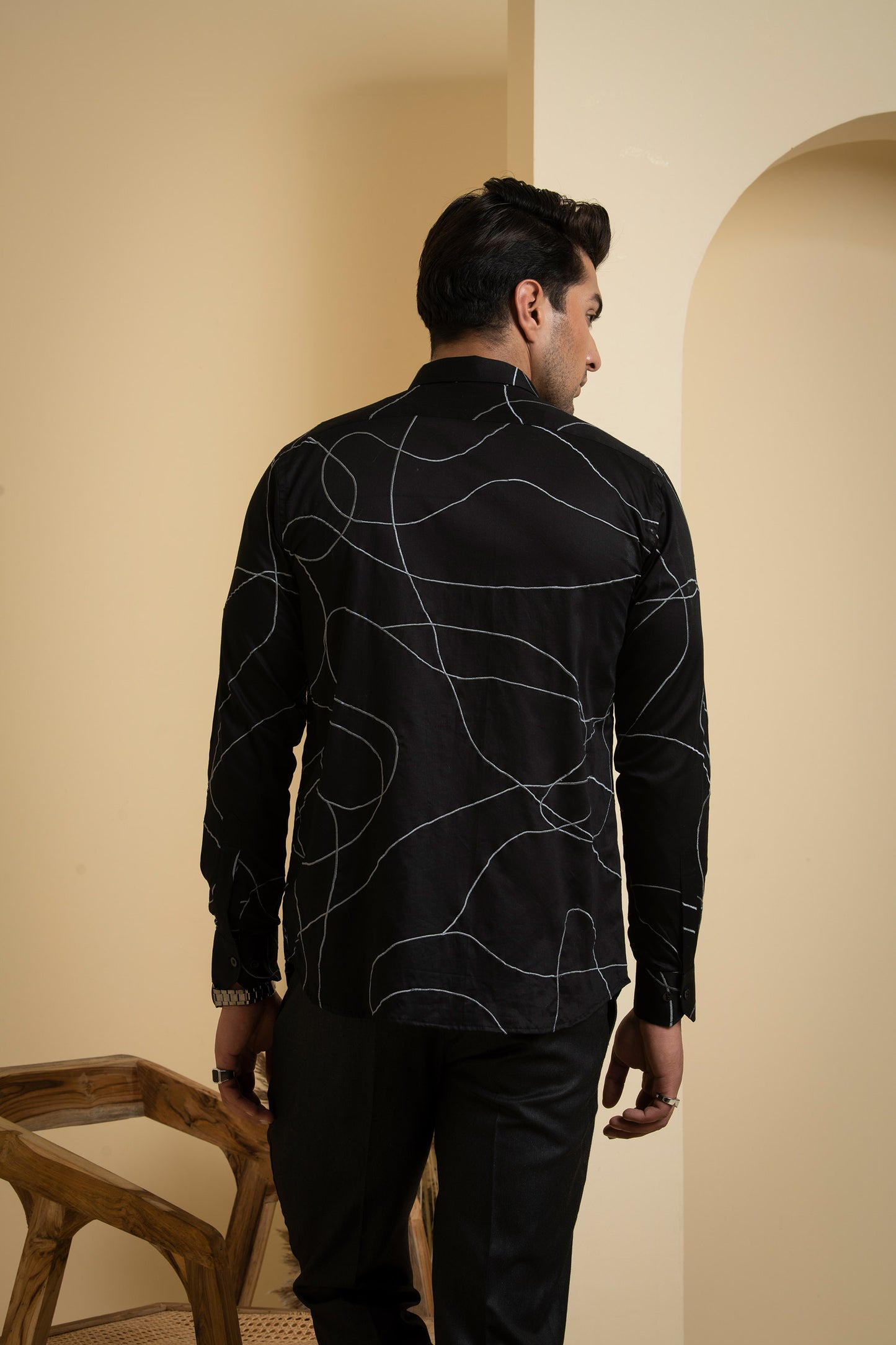 Black Giza Cotton Grayab Abstract Embroidered Party Wear Shirt