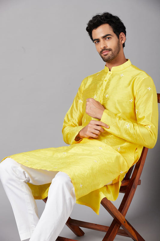 Yellow Raw Silk Thread Embroidered Festive ( only Kurta )