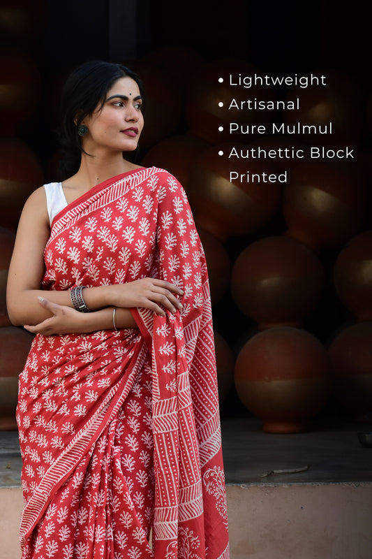Eye-Candy - Mulmul Cotton Block Printed Red Saree