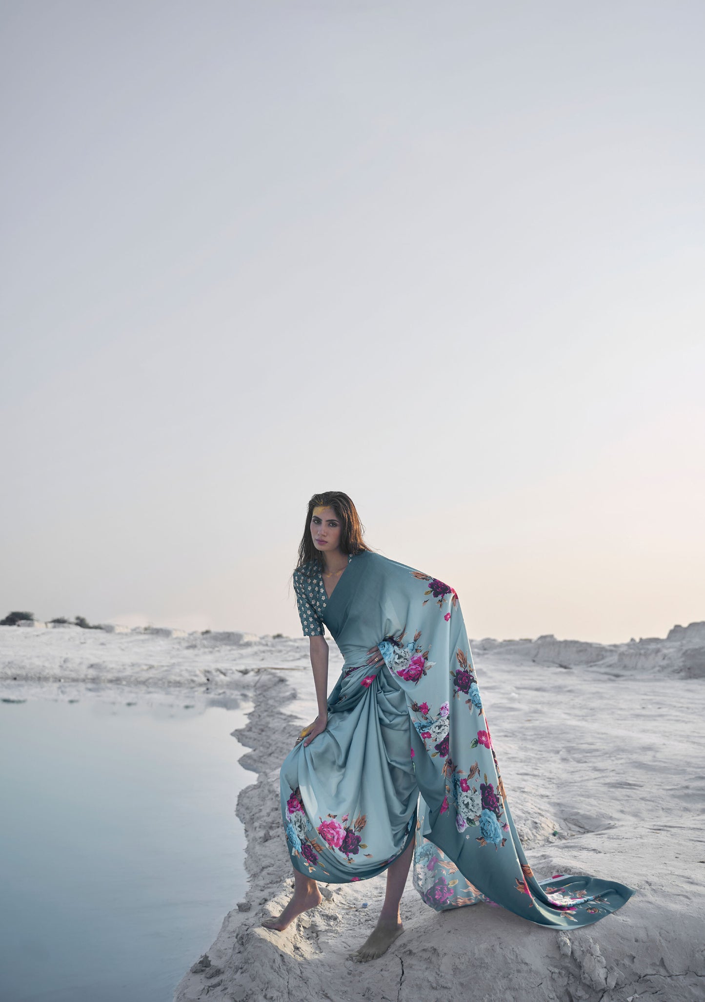 Light Blue Kasa Digital Print Saree