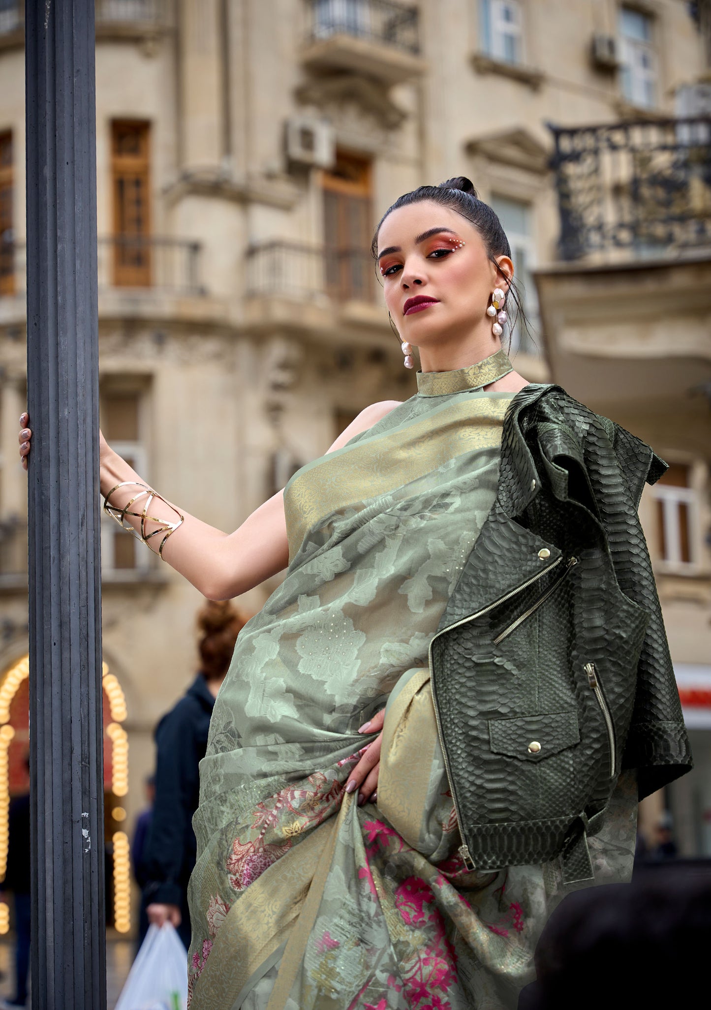 Olive Green Floral Kinsel Printed Poly Handloom Saree