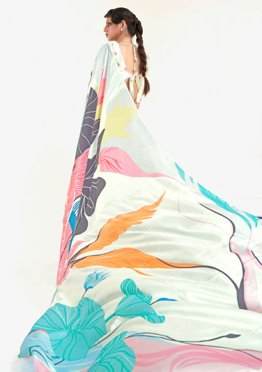 Cream Pink Kazo Digital Soft Crepe Printed Saree