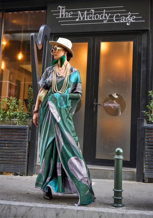 Green and Grey Floral Kolombus Satin Georgette Printed Saree