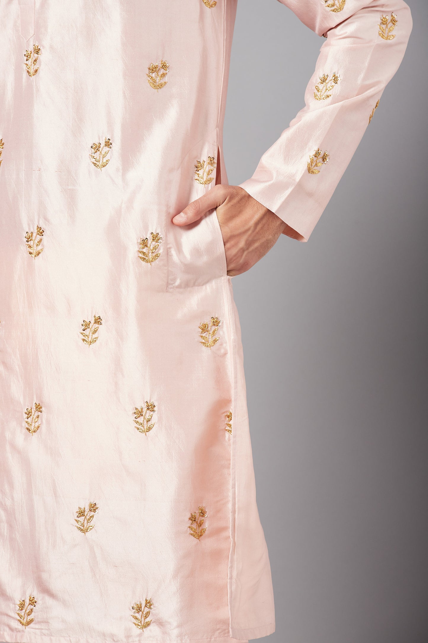 Peach Dupion Silk Hand Embroidered Casual ( only Kurta )