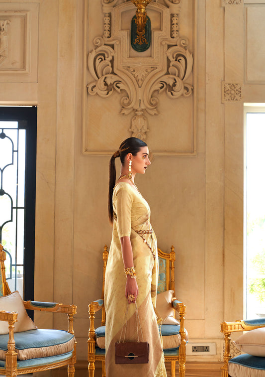Yellow Kyaari Silk Tissue Zari Khicha Zari Handloom Saree