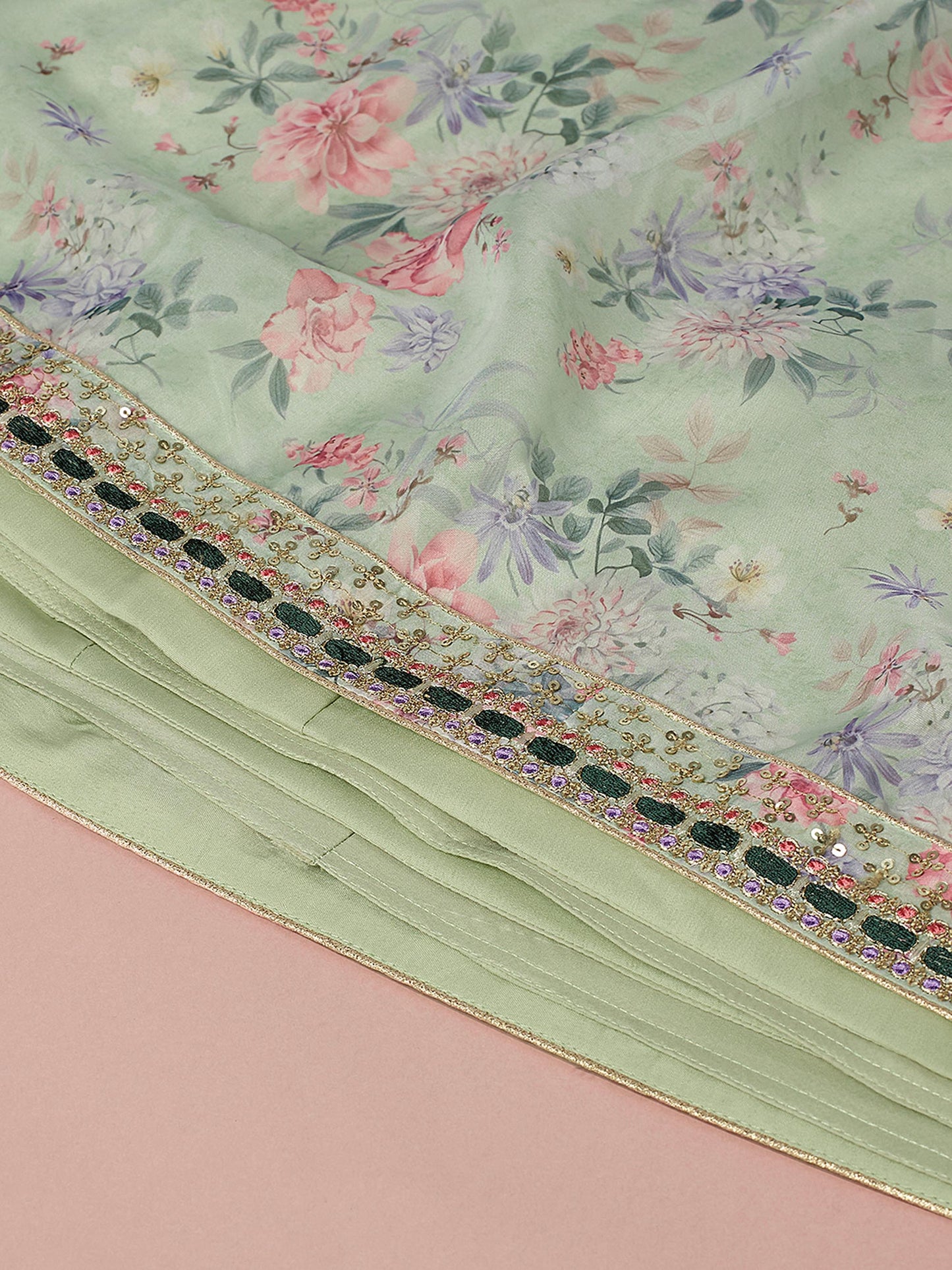 Lime Green Organza Floral Printed Lehenga choli & Dupatta