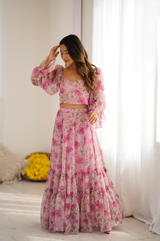 Orchid Aura Pink Chiffon Floral Print Festive Skirt Set