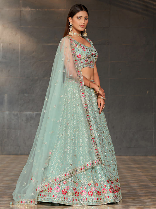 Sky Blue Georgette Sequins & Zari Embroidered Festive Lehenga Choli