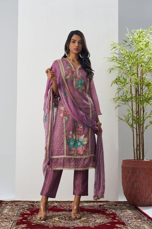 Mauve Crush Silk Sequins & Beads Work Festive Kurta Set