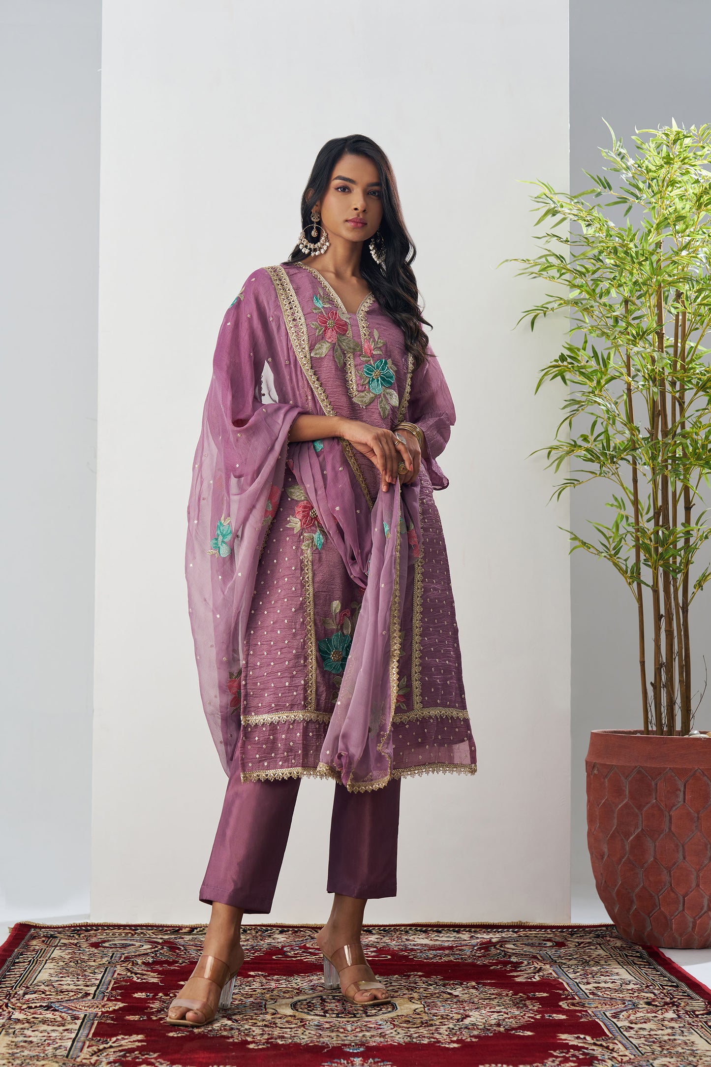 Mauve Crush Silk Sequins & Beads Work Festive Kurta Set