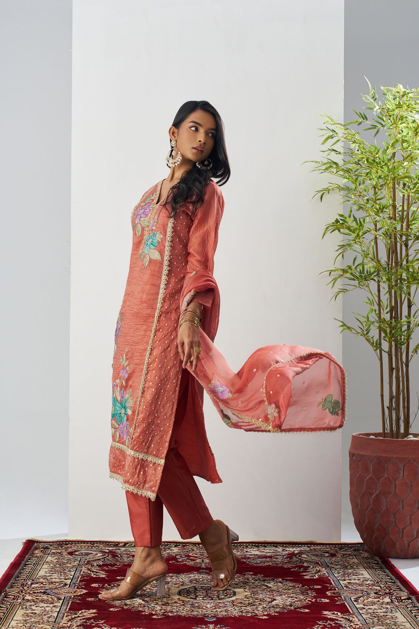 Peach Crush Silk Sequins & Beads Work Festive Kurta Set