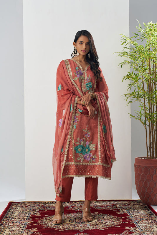 Peach Crush Silk Sequins & Beads Work Festive Kurta Set