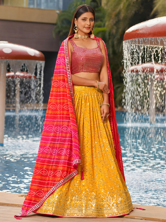 Yellow & Pink Georgette Sequins & Zari Embroidered Festive Lehenga Choli