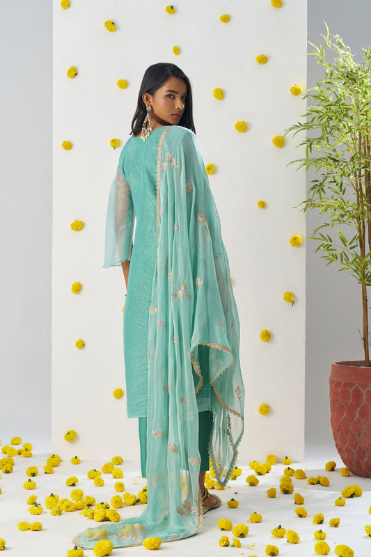 Sea Green Fancy Crush Sequins & Thread Embroidered Kurta Set
