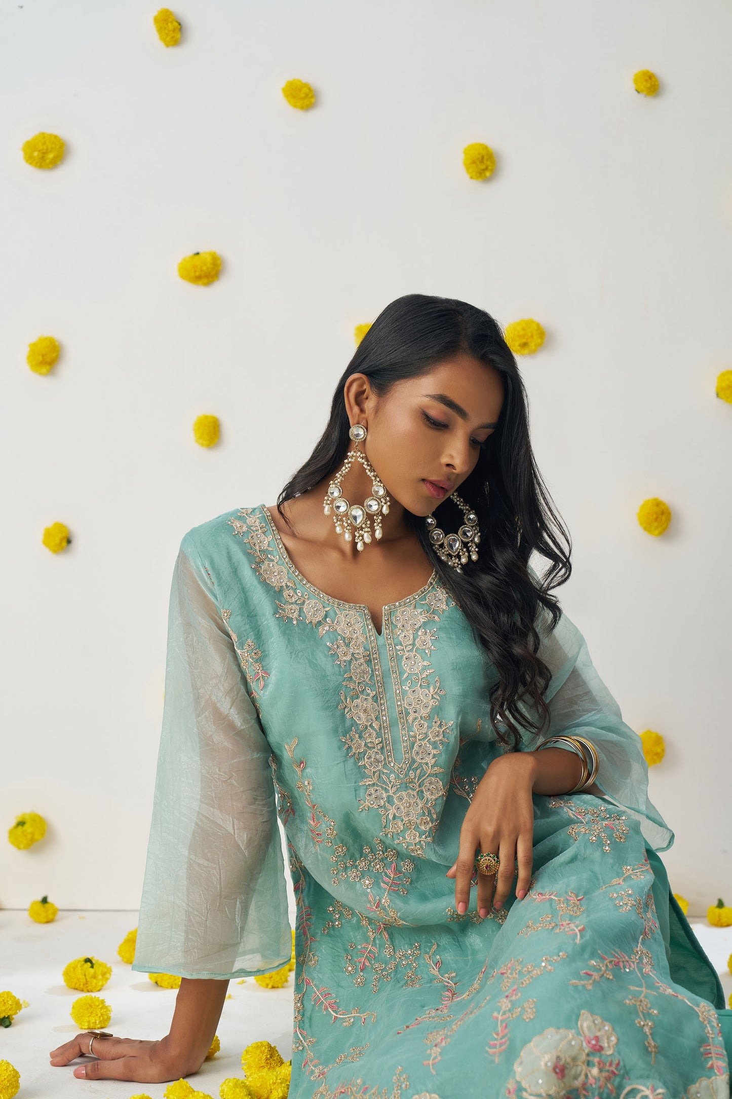 Sea Green Fancy Crush Sequins & Thread Embroidered Kurta Set
