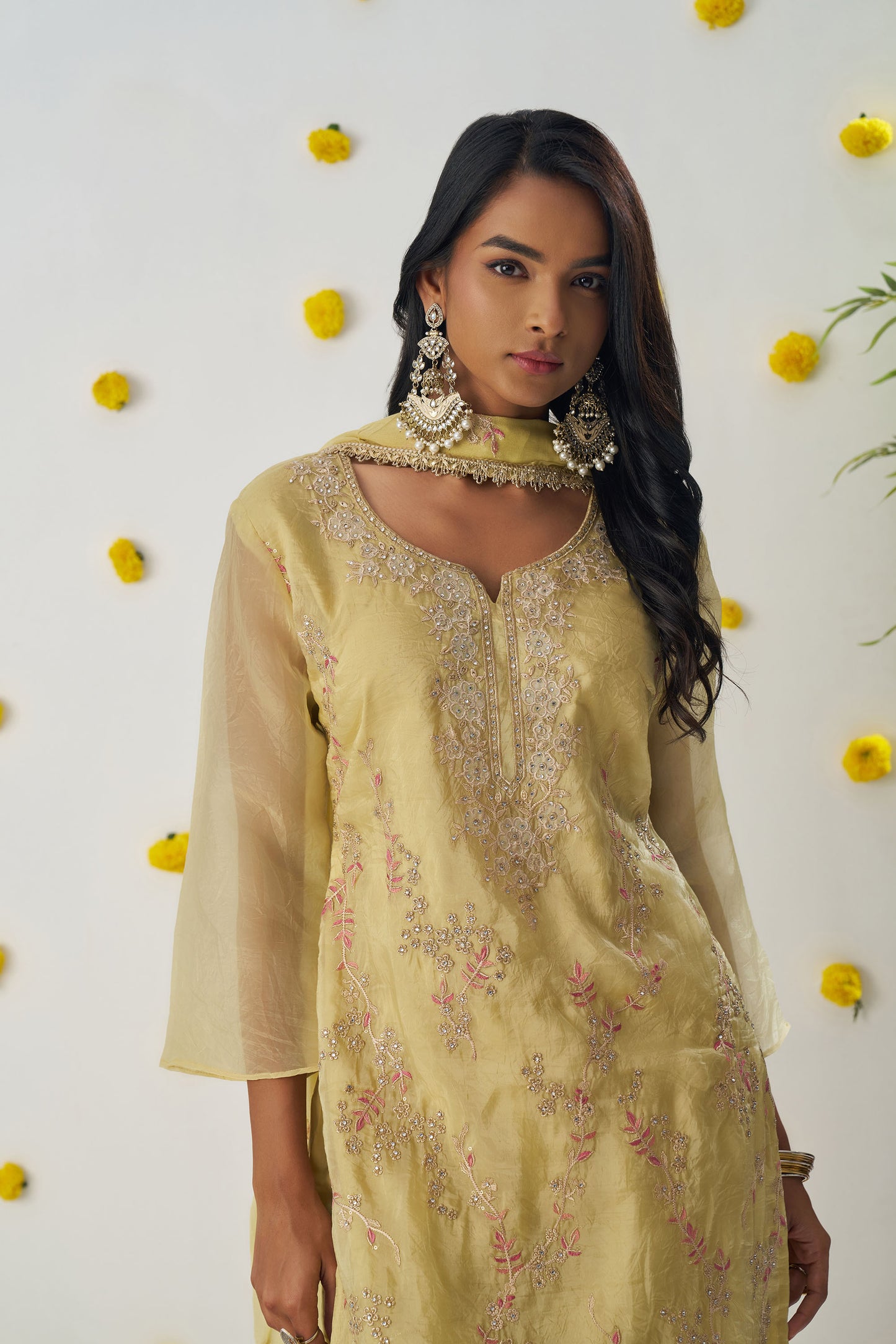 Yellow Fancy Crush Sequins & Thread Embroidered Kurta Set
