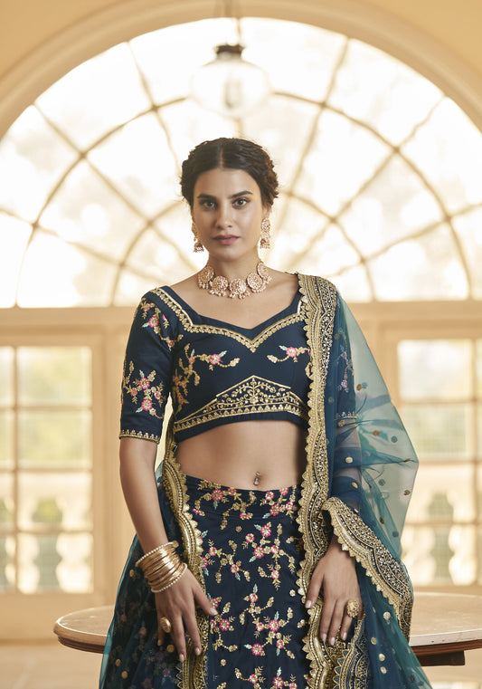 Blue Chinnon Silk Sequins Work Engagement Lehenga