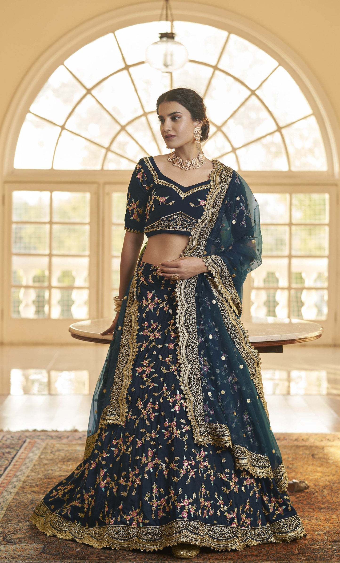 Blue Chinnon Silk Sequins Work Engagement Lehenga